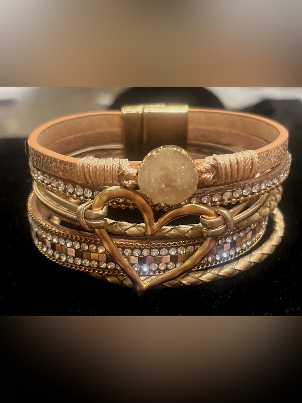Gold-Tone Heart Layered Bracelet with Druzy Accent